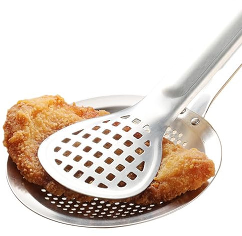 zwxqe Skimmer Slotted Spoon, 2 in 1 Stainless Steel Sieve Spoon for Cooking, Metal Tong Skimmer Ladle, Fry Oil Mesh Strainer with Comfortable Grip for Kitchen Use