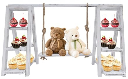 YUNRUX 3- Stöckiger Tortenständer Schaukel Typ Dessertturm Abnehmbar 3-Etageren Obstetagere Obstteller Servierständer Partygeschirr Kuchenständer Hochzeitstorte Stand Muffinständer Holzplatten Weiß