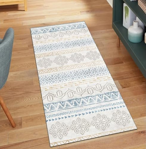 QQrunner Alfombra de cocina antideslizante, 100 x 160 cm, alfombra de cocina, larga, lavable, gris y azul, estilo bohemio, por metros, para pasillo, poliéster, salón, alfombra atrapa la suciedad