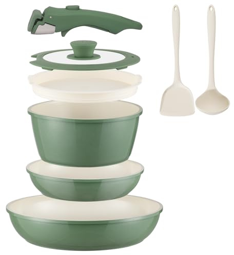 Ceramic Cookware Set Non Stick 8Pcs Pots and Pans Set Detachable Handle Induction Kitchen Cooking Set with Frying Pans Oven Dishwasher Safe, PFAS/PFOA Free, Forest Green