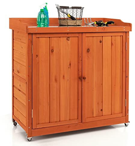 FANTASK Armadio da giardino con ripiano estraibile, in legno, da giardino su ruote, in acciaio, 98,5 x 48 x 100 cm