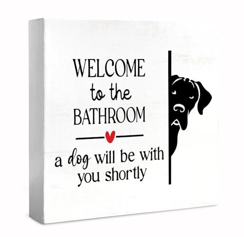 WXHUM Funny Dog Decor Bathroom Desk Sign Toilet Decor, Welcome to The Bathroom A Dog Will Be With You Wood Box Sign, Gifts for Gogs Lovers, 5x5 inch