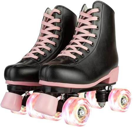 Women's Girls High-top Roller Skates with Light Up Wheels,PU Leather Classic Double-Row Roller Derby Skate for Women Men,Indoor Outdoor, Beginner-Black Pink Flash Wheel,37