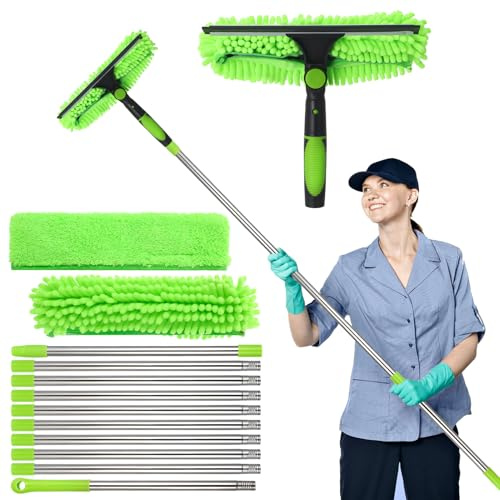Kit pulizia vetri 3-in-1 con palo telescopico estensibile da 4.25 M, tergivetro in silicone e 3 panni, per auto e casa