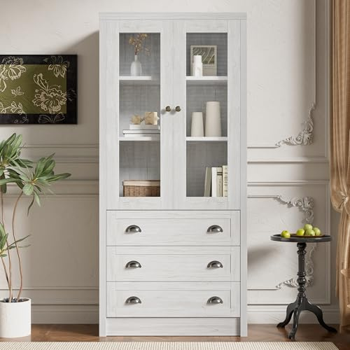 OUZHOU Küchenschrank Hochschrank, Vitrinenschrank mit 2 Glastüren Staubdicht, Mehrzweckschrank mit 2 Türen und 3 Schubladen Kupfergriff, Vorratsschrank Glasvitrine für Küche, Wohnzimmer und Esszimmer