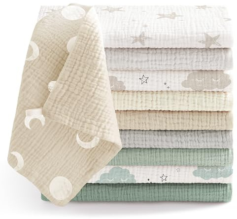 Bearmoss10 Stück Baby Musselin Waschlappen Moltontücher 100% Baumwolle Weiche Spucktücher Baby,Atmungsaktiv und Extrem Saugfähig Musselin Tuch für Saugstark Mulltücher 25 x25cm(GrauGrün)