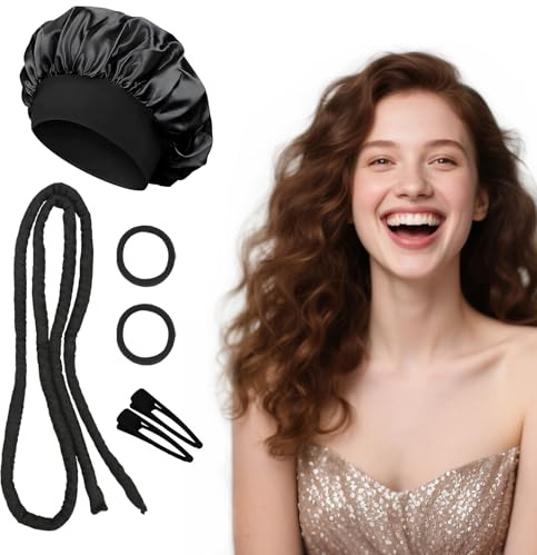 Set bigodini flessibili senza calore per ricci morbidi, regolabile con cuffia in raso, adatto per capelli lunghi e corti, ideale per ricci durante la notte senza calore