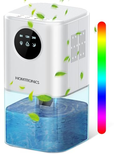 Deshumidificador Electrico Pequeño 1700ML, [Temporización] Homtronics Silencioso Dehumidifier con 7 Colores Luz, Apaga Automáticamente, Deshumificadores de Humedad para Baños, Armario, Sótano-Blanco
