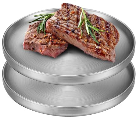 LEKEFETO 2 stycken rostfria tallrikar: Φ 23 cm mattallrikar dubbelväggiga runda tallrikar, frukosttallrik i rostfritt stål, tallrik serveringstallrik för kök, fest, camping, picknick, vandring, par