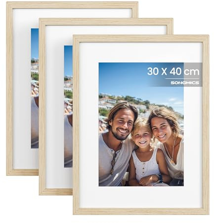 SONGMICS Bilderrahmen, 3er Set, 30 x 40 cm, Fotocollage, Kunstrahmen | MDF-Rahmen, spurlose Wandhaken, aufhängen, aufstellen, naturfarben, KAVI Kollektion RPF057YZ01