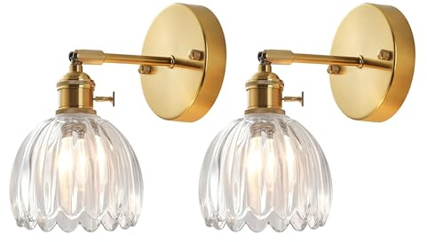 LFsem Vintage Clear Petal Glass Wall Lights | Gold E27 Wall Sconce | Industrial Retro Wall Lamp for Bedroom, Hallway, Living Room | Crystal Glass | Angle Adjustable | 2 Pack Set
