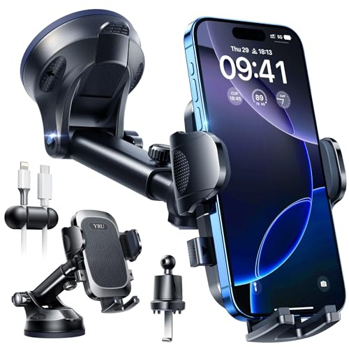 YRU [True Military-Grade & 360° Rotatable Suction 2026 Ultimate Car Phone Holder Mount【90+LBS Safest Strongest & Patent Certs】 Dashboard Windscreen Vent for iPhone 17 16 Pro Max Samsung, Pure Black