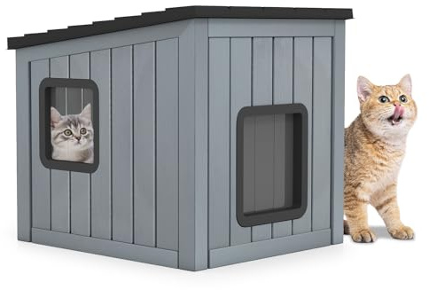 GOPLUS Caseta para Gatos de Plástico, Casa para Perros con 2 Puertas y Techo Inclinado, Resistente a la Intemperie, Refugio Aislado para Mascotas de Interior y Exterior, para Cachorros y Conejos