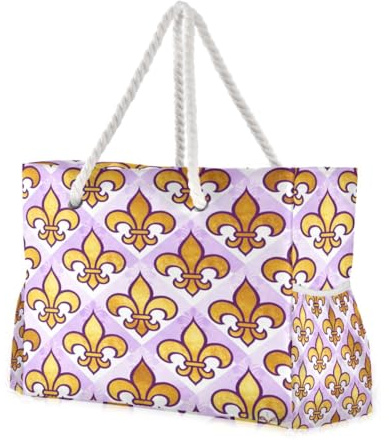 Loancwa Sac fourre-tout de plage, motif fleur de lys violet, grande capacité avec poignées en corde, poches intérieures imperméables, 52,1 x 18,3 x 38,1 cm