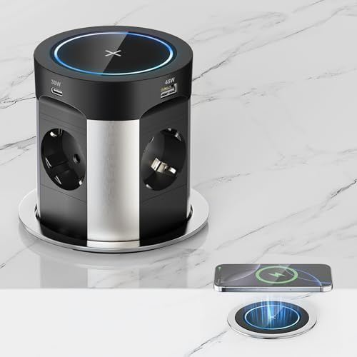 Pindus Versenkbare Steckdose mit 75W USB-C Gesamtleistung, 4-Fach, Qi 15W | 2x USB-A 45W+30W, Ø100 mm Ausschnitt, 1,8 m Kabel, Küche & Arbeitsplatte, Schwarz