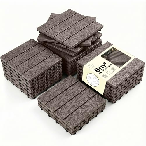 LARDECOR - Baldosas Encajables WPC 30x30 cm para Suelo, Pack 88 Piezas, 8 m², Losetas para Terraza, Balcón, Patio y Jardín, Diseño con Drenaje y Superficie Antideslizante (Café Madera)