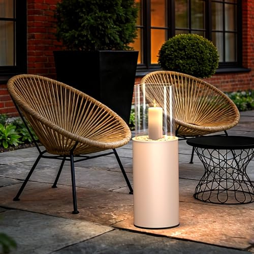 2 IN 1 Standkamin 81CM Windlicht säule Großer Windlichter Glas Kerzenständer Rund Feuersäule Outdoor Tischfeuer Indoor mit Dekosteinen und Regenschutz für Garten, Balkon, Wohnzimmer (Weiß)