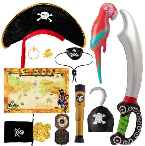 YINGENIVA Pirate Costume Accessories 12Pcs - Role Play Fancy Dress Set | Inflatable Sword & Parrot, Hat, Eye Patch, Hook, Treasure Map, Gold Coins for World Book Day Halloween Party