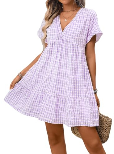 LCDIUDIU Robe Vichy pour Femme, Robe Courte Fluide À Col V Et Manches Retroussées, Coupe Trapèze, Idéale pour L'Été, Les Vacances La Plage Ou Une Soirée. Parfaite pour La Plage Ou Une Sortie