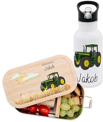 Bärenfreunde personalisierte Brotdose und Trinkflasche Set für Kinder, Edelstahl Lunchbox, Jausenbox und Flasche mit Namen, ideal für Kindergarten und Schule (Traktor grün)