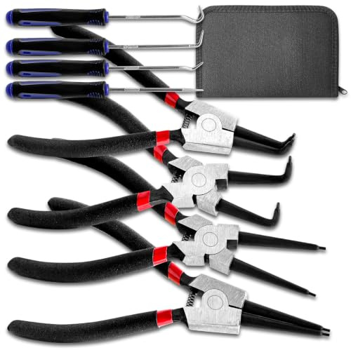 Phyeglow 7 Zoll Sicherungsringzange, Sprengringzangen Set 4 Stück mit Tragbarer und Tasche Plektrum Haken,Gebogen Und Gerade Seegeringzange,robuste Sicherungsringzangen,für Außen Innensicherungsringe