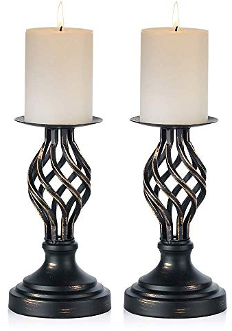 Nuptio Black Pillar Candle Holders: Vintage Candle Stands for Pillar Candles, Metal Candlestick Holder Christmas Easter Home Decor Living Room Mantel Party Wedding Table Centrepiece, 2 Pieces(22cm)