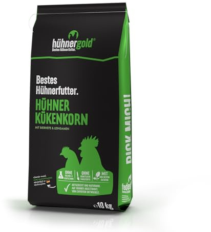 hühnergold® Hühner Kükenkorn 10 kg – Alleinfutter für Hühnerküken ab dem 1. Tag – 21% Rohprotein – Aufzuchtfutter für gesundes Wachstum & Starke Entwicklung – Ohne Gentechnik & Palmöl – Kükenfutter