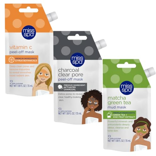 MISS SPA Facial Mask Trio Vitamin C Peel-Off, Charcoal Clear Pore Peel-Off & Matcha Green Tea Mud Mask Exfoliates, Detoxifies, Brightens and Clears Pores, 3 Full-Size Squeeze Tubes