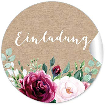 48 STICKER: Einladung Etiketten als Siegel • BOHO KRAFTPAPIER OPTIK BLÜTEN ROSEN GRÜN ROT ROSA BRAUN • Briefumschläge Anhänger oder Postkarten zur Hochzeit Geburtstag Taufe