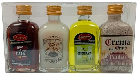 Caja de 14 estuches de licores Panizo para regalar. Licores miniaturas (20 cl.) de Licor de Hierbas, Crema de Orujo, Crema de Arroz y Licor de café Panizo
