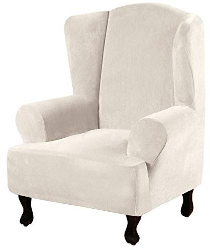 H.VERSAILTEX Wingback Chair Covers Velvet Plush Wing Chair Slipcover 1 Piece High Stretch Wing Back Chair Slipcovers Sofa Cover Furniture Cover with Elastic Bottom, Ivory