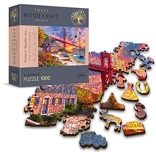 Trefl - Holzpuzzle, Sonnenuntergang Über Der Goldenen Pforte - 1000 Teile, Wood Craft, Unregelmäßige Formen, 100 Figuren Amerikanischer Denkmäler Und Symbole, Premium Puzzle, holzpuzzle Erwachsene