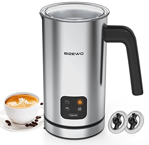 BIZEWO Milk Frother Electric, Warm and Cold Milk Steamer, 4 IN 1 Automatic Milk Warmer Stainless Steel with Touch Screen for Coffee, Latte, Macchiato, Cappuccino, Hot Chocolate