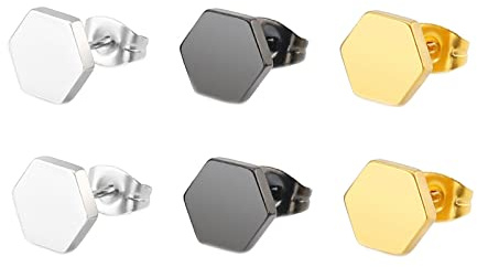 Homxi Silber Schwarz Gold Herren und Damen Ohrringe Stecker,3Paare Hexagon Poliert 6/8MM Ohrhänger Edelstahl Damen und Herren