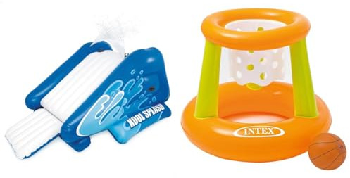Intex 58849 - Aufblasbare Wasserrutsche, 135 x 81 x 50 Zoll & Wasserspiel Floating Hoops, Mehrfarbig, Ø 67 x 55 cm