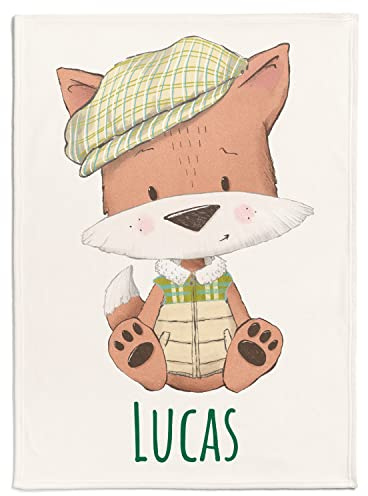 Personalisierte Babydecke mit Wunschtier, Name, Geburtsdatum und Motivfarbe (Sitzender Fuchs), 80 x 110 cm