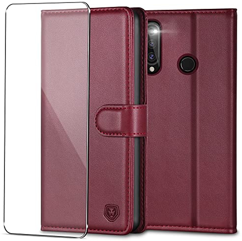 Kuafcase Handyhülle für Huawei P30 Lite Hülle mit Panzer Glas | Premium PU Leder Hülle, Kartenfächern, Standfunktion, Klapp-Geldbörse, RFID Schutzhülle, Stoßfest, Weinrot