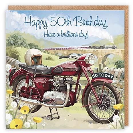 Hunts England - Carte d'anniversaire 50 ans en moto vintage – Happy 50th Birthday – Have A Brilliant Day! – Moto classique – Superbe carte artistique de 50 ans – Collection Milo's Gallery – Train à