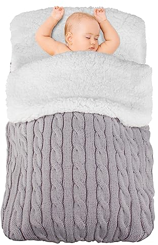 Mygeromon Pucksack Baby Winter 0-3-6 Monate Neugeborene Winterschlafsack Gestrickt Pucktuch Wickeldecke Babyschlafsack mit Fleece für Jungen/Mädchen (Grau)
