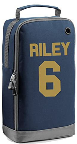 Personalised Name and Number Boot Bag Football Boots Custom Children's Sports Bags Rugby PE Gym Kit Back to School for Girls Kids (French-Navy-Gold)