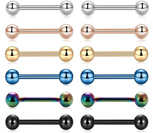 KOMUNJ 12Pcs Tongue Bars 12mm Surgical Steel Tongue Bars Nipple Ring Piercing Barbell, Straight Barbell Surgical Steel, Piercing Jewellery Women Men