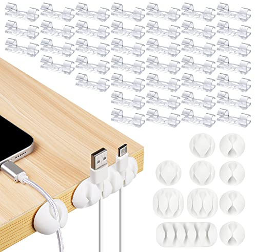 URAQT Clip per Cavi, 50 Pz Supporto Organizzatore Cavi Clip Organizzatore Cavi a Lunga Durata, Fermacavi Supporto Autoadesivo Clip Cavo per TV, PC, Laptop, Casa e Ufficio(Trasparente+Bianco)