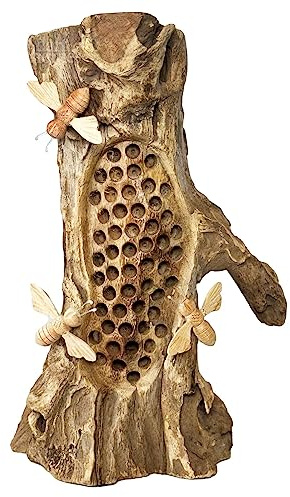 Darthome Teak Root Beehive Sculpture Hand Carved Rustic Wood 3 Honey Bees Decoration Gift 17x28x10cm