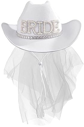 ZOOMPIL Bride Cowgirl Hat, Chapeau De Cow-Boy De Mariage, Chapeau de Cow-Girl Blanc avec Voile, pour Douche Nuptiale De Mariage en Bachelorette