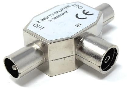 DRUT 1pcs TV Antenna Adapter Distributor Splitter, 1 Female Socket in 2 Male Out, IEC Coax Cable, Aerial Digital Antenna Adaptor Silver