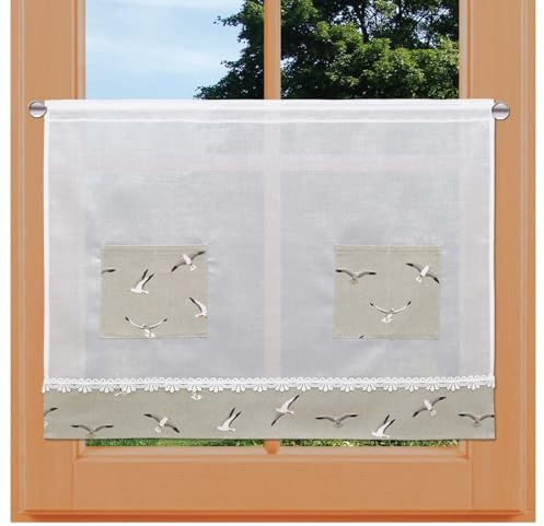 Scheibenhänger Ilma Möwe mit Vogtländischer Spitze und Taschen zum Dekorieren | maritime Scheibengardine in weiß-natur für Bad und Esszimmer | blickdichte Kurzgardine Höhe x Breite60 x 120 cm