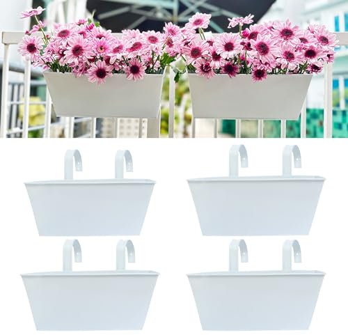 LaLaGreen Railing Planter Box (14 in, 4 Pack) White Metal Window Deck Pots