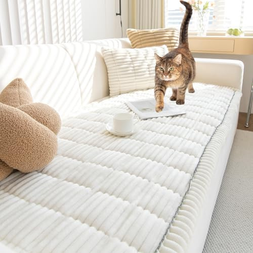 TOPCHANCES Sofa Überzug,2024 Neue Verdickter Cordstoff Universelle rutschfeste Sofabezug 2/3/4 Sitzer Für L Form Eckcouch Waschbar Sofabezug Hund Katze Kratzschut(Cord Cremeweiß,70×150cm 1 Stück)