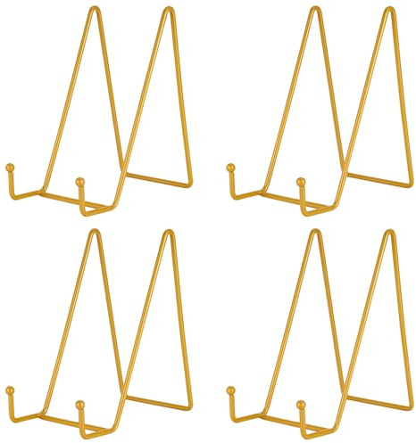 SXCCNW 4 PCS Plate Holder Easel Display Stand, Metal Plate Stands for Display Tabletop Picture Stand, Gold Iron Easels for Display Pictures Stand
