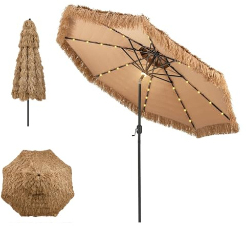 GOPLUS Ø 300 cm Sonnenschirm Hawaii, Strandschirm mit LED | Strohschirm um 30° knickbar, Sonnenschirm Stroh mit Doppeldach, Terrassenschirm klappbar für Strand, Balkon & Garten
